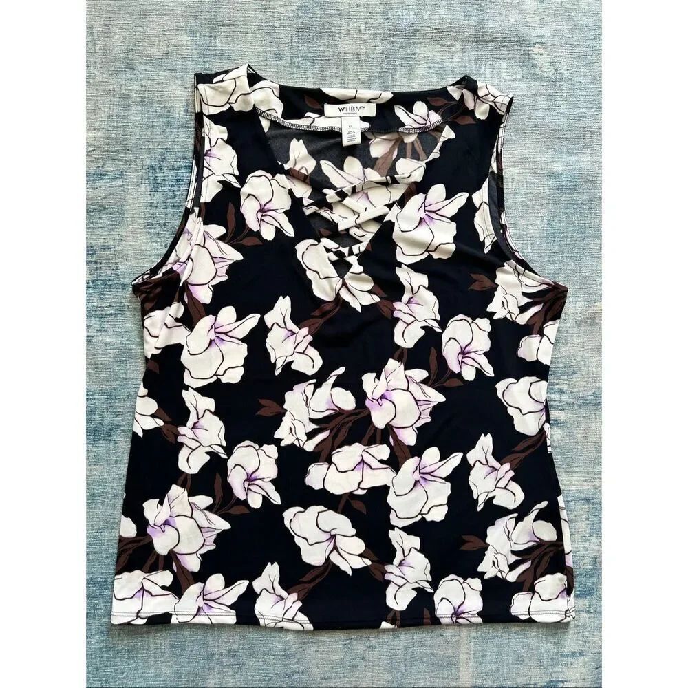 White House Black Market Brown Purple Gardenia Floral Print Strappy Neck Blouse